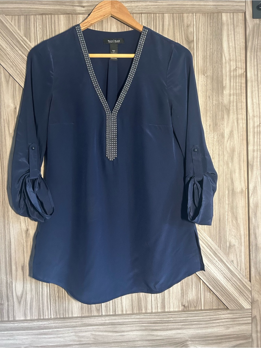 White House Black Market Navy Embellished 100% Silk Tunic Blouse - Size 2